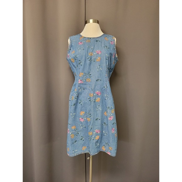 Studio Ease Denim Dress Blue Floral Button Back Sleeveless Vintage USA Size 16 - Picture 2 of 8